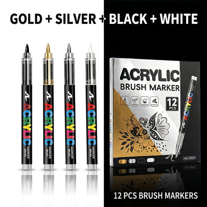 Metallic Brush Pen Acrylic Paint Markers - Professional Paint Pens for Drawing 12Pcs