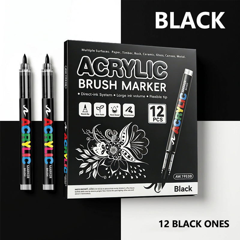 Metallic Brush Pen Acrylic Paint Markers - Professional Paint Pens for Drawing 12Pcs
