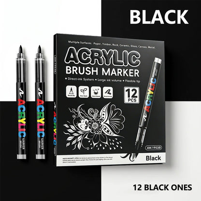 Metallic Brush Pen Acrylic Paint Markers - Professional Paint Pens for Drawing 12Pcs