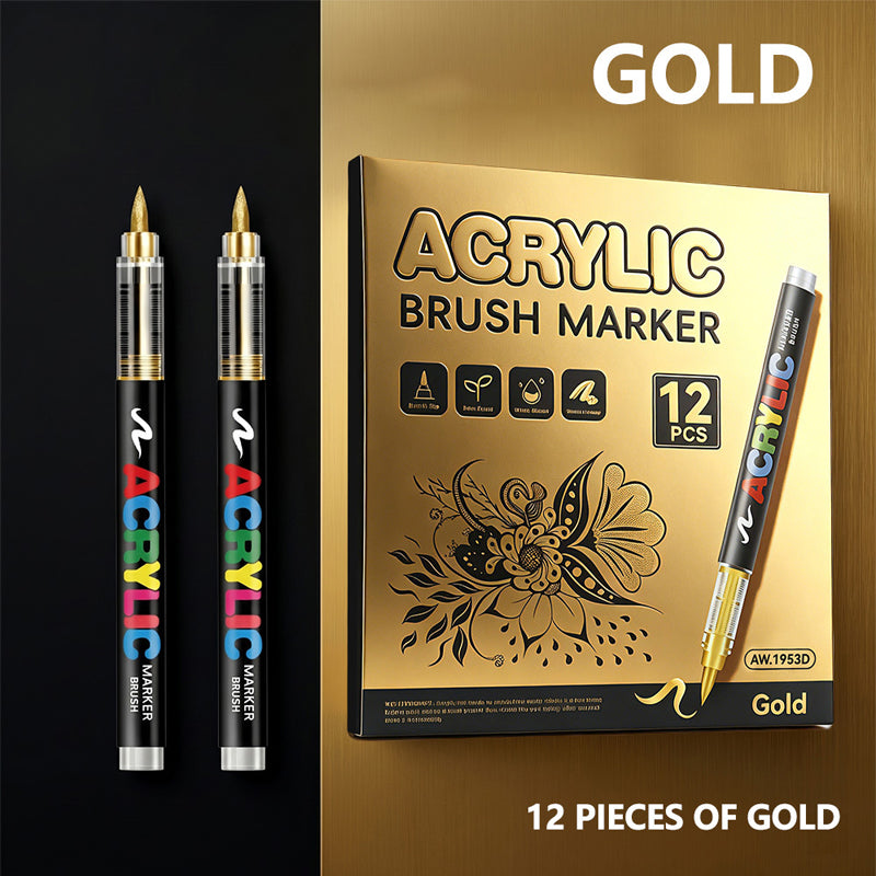 Metallic Brush Pen Acrylic Paint Markers - Professional Paint Pens for Drawing 12Pcs
