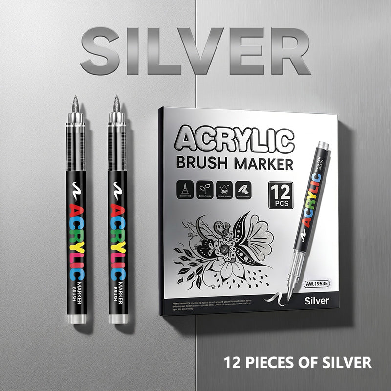 Metallic Brush Pen Acrylic Paint Markers - Professional Paint Pens for Drawing 12Pcs