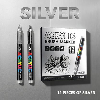 Metallic Brush Pen Acrylic Paint Markers - Professional Paint Pens for Drawing 12Pcs