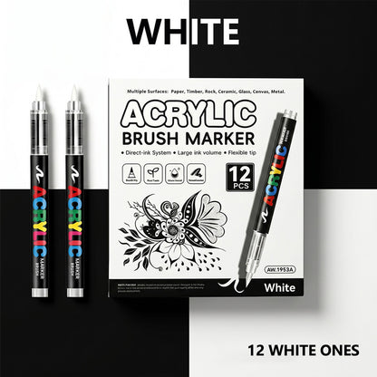 Metallic Brush Pen Acrylic Paint Markers - Professional Paint Pens for Drawing 12Pcs