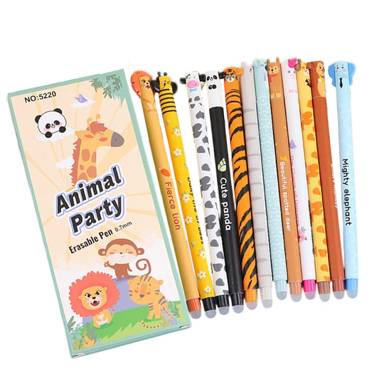 Animal Party Erasable Pen 0.7mm Black/Blue Ink 12Pcs