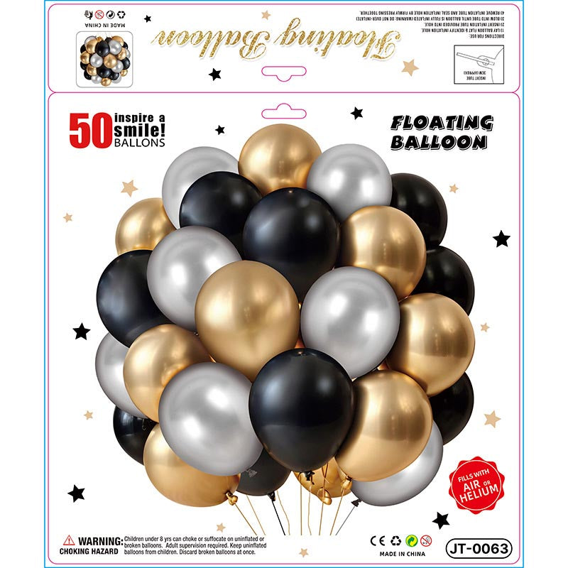 10 Inch Colorful Matte Floating Thickened Latex Balloon 50Pcs #63 BLACK-SILVER-GOLD Color︱Air or Helium︱Birthday Essentials, Wedding, Anniversary Decoration︱Event Styling