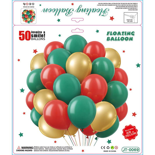 10 Inch Colorful Matte Floating Thickened Latex Balloon 50Pcs #69 GREEN-RED-GOLD Color︱Air or Helium︱Birthday Essentials, Wedding, Anniversary Decoration︱Event Styling
