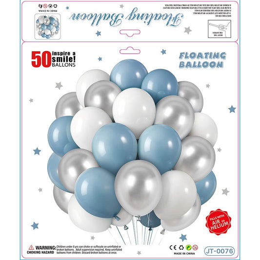 10 Inch Colorful Matte Floating Thickened Latex Balloon 50Pcs #76 LIGHT BLUE-WHITE-SILVER Color︱Air or Helium︱Birthday Essentials, Wedding, Anniversary Decoration︱Event Styling
