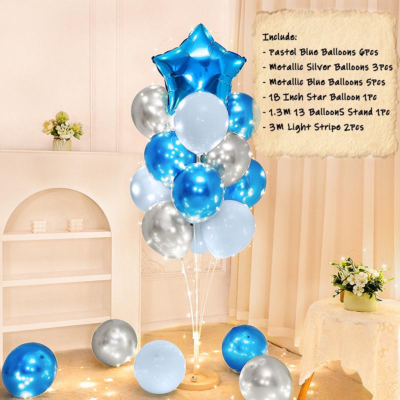 Balloon Bouquet Stand Kit with Lights [STAR#5] BLUE-PASTEL BLUE-SILVER︱Birthday Essentials, Photo Props, Wedding, Anniversary Decoration︱Event Styling