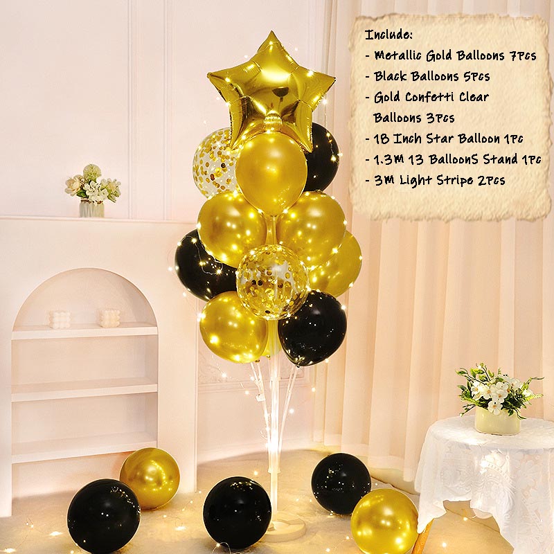 Balloon Bouquet Stand Kit with Lights [STAR#7] GOLD-BLACK︱Birthday Essentials, Photo Props, Wedding, Anniversary Decoration︱Event Styling
