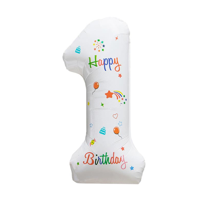 32 Inch White Foil Number Balloons with Birthday Pattern 0~9 ︱Big Giant Balloon for 1st Birthday Anniversary Celebration Party