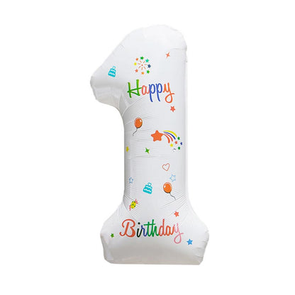 32 Inch White Foil Number Balloons with Birthday Pattern 0~9 ︱Big Giant Balloon for 1st Birthday Anniversary Celebration Party