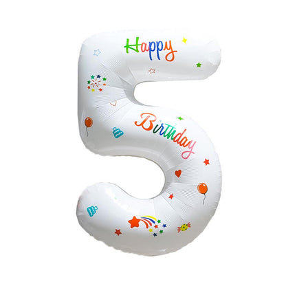 32 Inch White Foil Number Balloons with Birthday Pattern 0~9 ︱Big Giant Balloon for 1st Birthday Anniversary Celebration Party