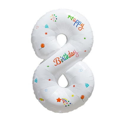 32 Inch White Foil Number Balloons with Birthday Pattern 0~9 ︱Big Giant Balloon for 1st Birthday Anniversary Celebration Party