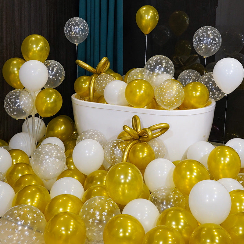 10 Inch Pearlescent Thickened Latex Balloon 100Pcs  PL#10 GOLD-WHITE-STAR CONFETTI CLEAR Color︱Birthday Essentials, Wedding, Anniversary Decoration︱Event Styling