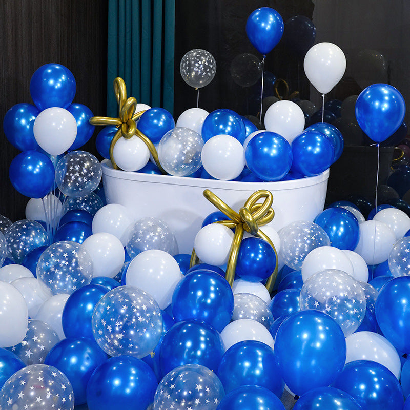 10 Inch Pearlescent Thickened Latex Balloon 100Pcs  PL#11 BLUE-WHITE-STAR CONFETTI CLEAR Color︱Birthday Essentials, Wedding, Anniversary Decoration︱Event Styling