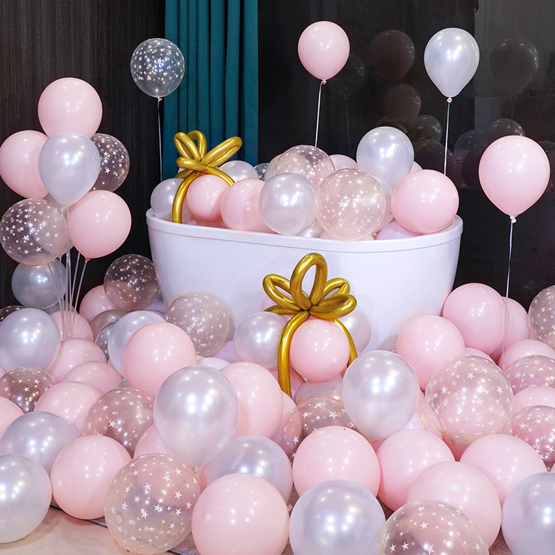 10 Inch Pearlescent Thickened Latex Balloon 100Pcs  PL#13 PINK-WHITE-STAR CONFETTI CLEAR Color︱Birthday Essentials, Wedding, Anniversary Decoration︱Event Styling