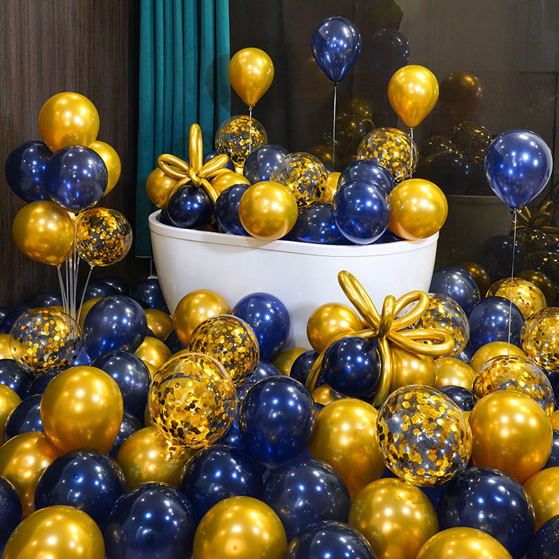 10 Inch Pearlescent Thickened Latex Balloon 100Pcs  PL#16 NIGHT BLUE-GOLD-GOLD CONFETTI CLEAR Color︱Birthday Essentials, Wedding, Anniversary Decoration︱Event Styling