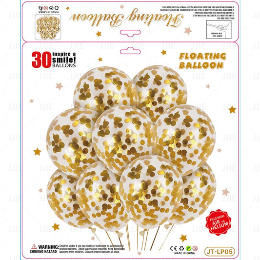 12 Inch Confetti Clear Floating Thickened Latex Balloon 30Pcs - GOLD Color︱Air or Helium︱Birthday Essentials, Wedding, Anniversary Decoration︱Event Styling
