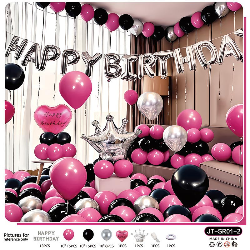 Birthday Balloon Crown Set  CR#02 HOT PINK-SILVER-BLACK Color with Letter Happy Birthday Bunting Banner
