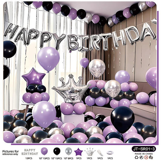 Birthday Balloon Crown Set  CR#03 PURPLE-BLACK-SILVER Color with Letter Happy Birthday Bunting Banner