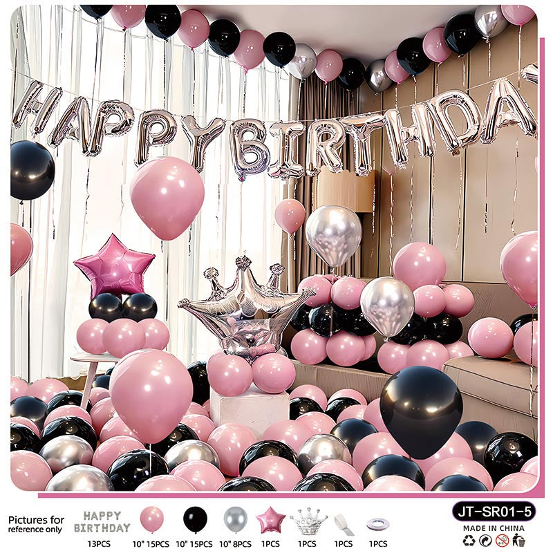Birthday Balloon Crown Set  CR#05 PINK-SILVER-BLACK Color with Letter Happy Birthday Bunting Banner