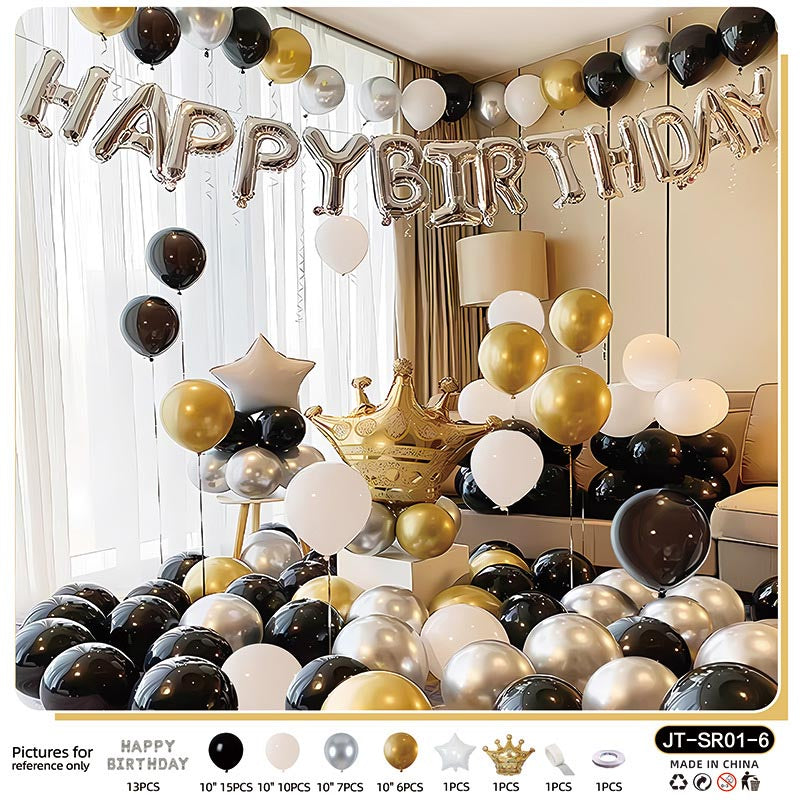 Birthday Balloon Crown Set  CR#06 BLACK-WHITE-GOLD Color with Letter Happy Birthday Bunting Banner