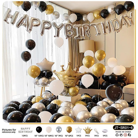 Birthday Balloon Crown Set  CR#06 BLACK-WHITE-GOLD Color with Letter Happy Birthday Bunting Banner
