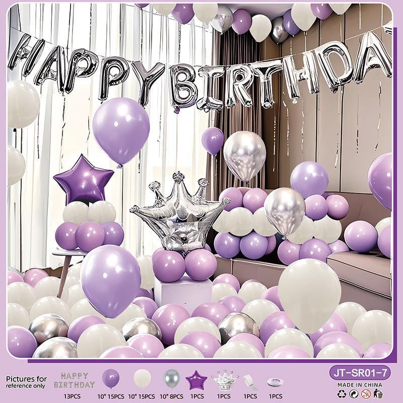 Birthday Balloon Crown Set  CR#07 LIGHT PURPLE-SILVER-WHITE Color with Letter Happy Birthday Bunting Banner