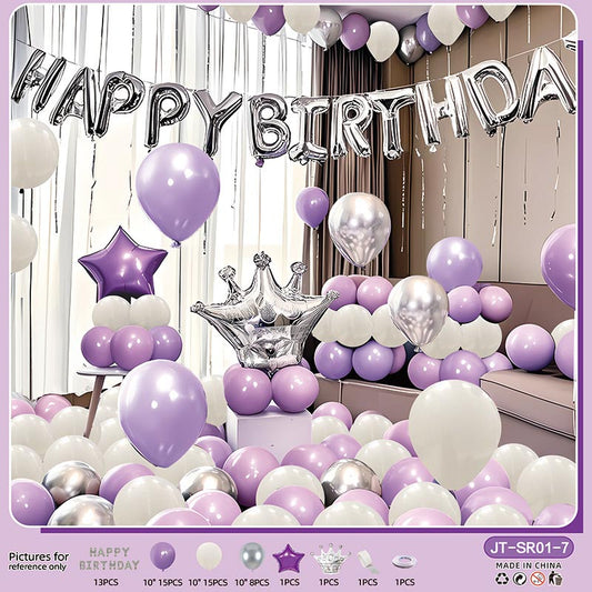 Birthday Balloon Crown Set  CR#07 LIGHT PURPLE-SILVER-WHITE Color with Letter Happy Birthday Bunting Banner