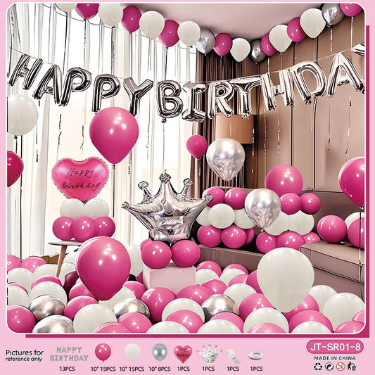 Birthday Balloon Crown Set  CR#08 HOT PINK-SILVER-WHITE Color with Letter Happy Birthday Bunting Banner