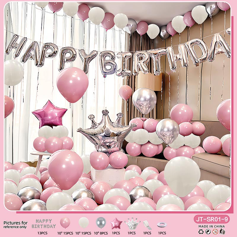 Birthday Balloon Crown Set  CR#09 PINK-WHITE-SILVER Color with Letter Happy Birthday Bunting Banner