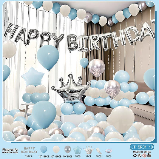 Birthday Balloon Crown Set  CR#10 LIGHT BLUE-WHITE-SILVER Color with Letter Happy Birthday Bunting Banner