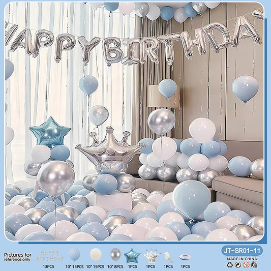 Birthday Balloon Crown Set  CR#11 PASTEL BLUE-WHITE-SILVER Color with Letter Happy Birthday Bunting Banner