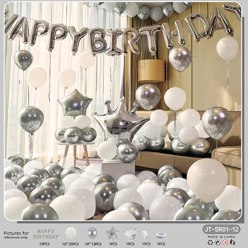 Birthday Balloon Crown Set  CR#12 SILVER-WHITE Color with Letter Happy Birthday Bunting Banner