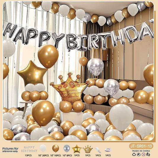 Birthday Balloon Crown Set  CR#13 GOLD-WHITE-SILVER Color with Letter Happy Birthday Bunting Banner