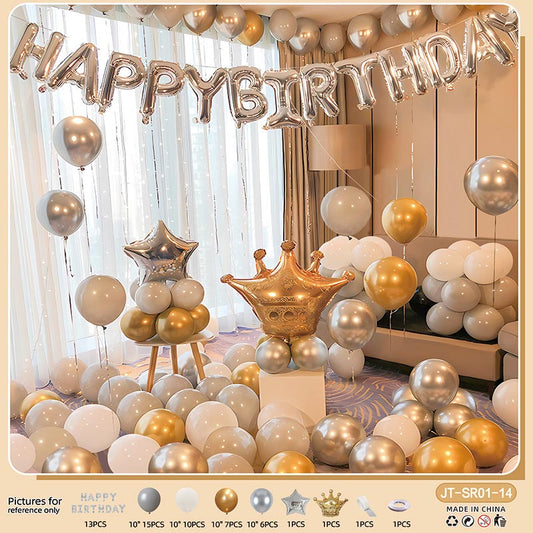 Birthday Balloon Crown Set  CR#14 GREY-WHITE-GOLD-SILVER Color with Letter Happy Birthday Bunting Banner