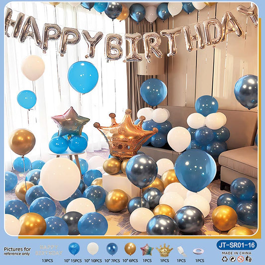 Birthday Balloon Crown Set  CR#16 GOLD-BLUE-WHITE Color with Letter Happy Birthday Bunting Banner