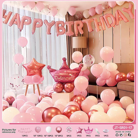 Birthday Balloon Crown Set  CR#17 PINK-WHITE-HOT PINK Color with Letter Happy Birthday Bunting Banner