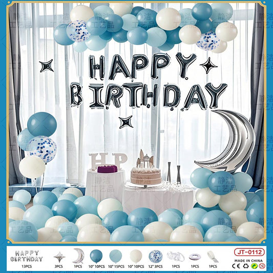 Birthday Balloon Moon Set  MN#02 LIGHT BLUE-WHITE Color with Letter Happy Birthday Bunting Banner