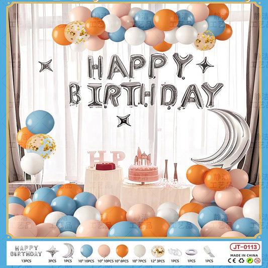 Birthday Balloon Moon Set  MN#03 ORANGE-WHITE-BLUE-PINK Color with Letter Happy Birthday Bunting Banner