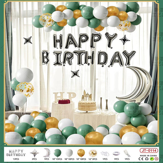 Birthday Balloon Moon Set  MN#04 GREEN-WHITE-GOLD Color with Letter Happy Birthday Bunting Banner
