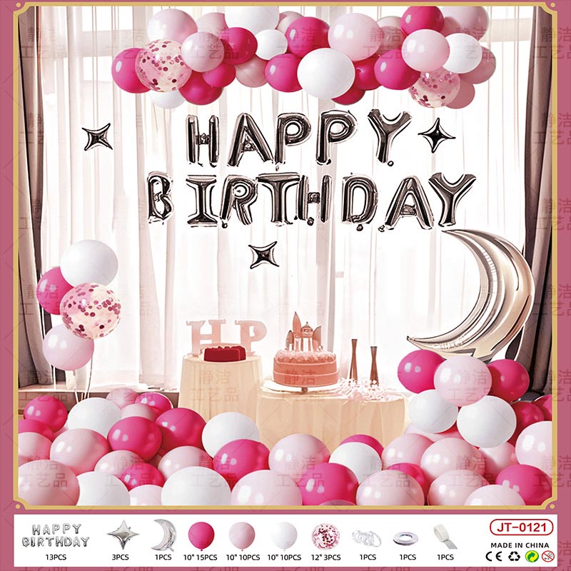 Birthday Balloon Moon Set  MN#11 HOT PINK-PINK-WHITE Color with Letter Happy Birthday Bunting Banner