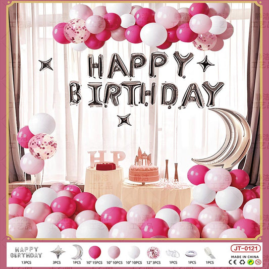 Birthday Balloon Moon Set  MN#11 HOT PINK-PINK-WHITE Color with Letter Happy Birthday Bunting Banner