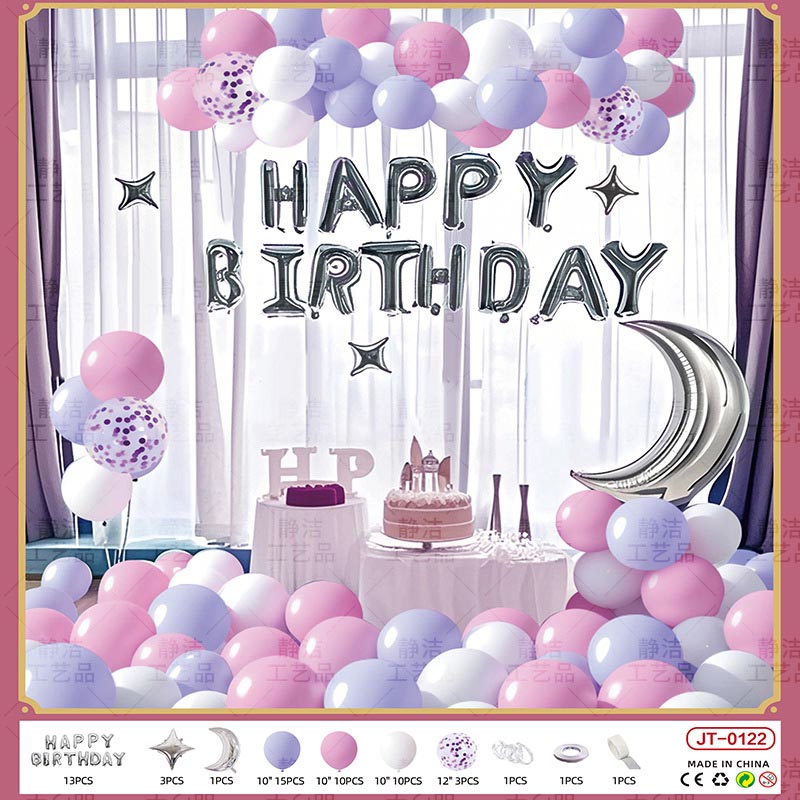 Birthday Balloon Moon Set  MN#12 PURPLE-PINK-WHITE Color with Letter Happy Birthday Bunting Banner