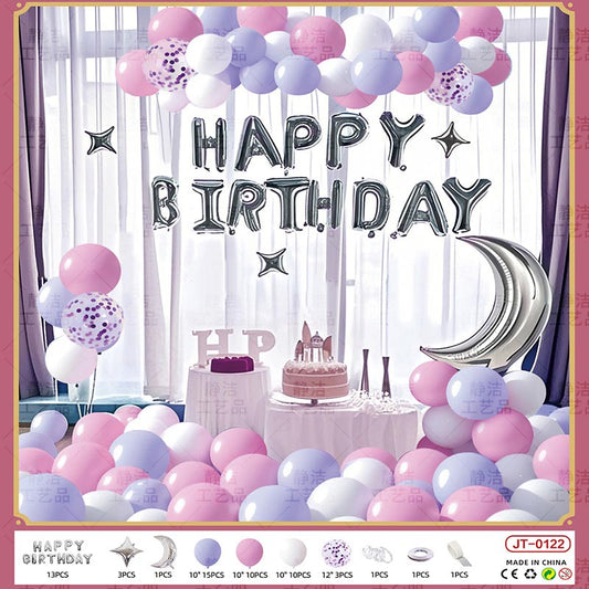 Birthday Balloon Moon Set  MN#12 PURPLE-PINK-WHITE Color with Letter Happy Birthday Bunting Banner