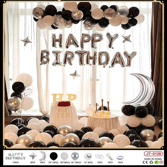 Birthday Balloon Moon Set  MN#13 BLACK-SILVER-WHITE Color with Letter Happy Birthday Bunting Banner