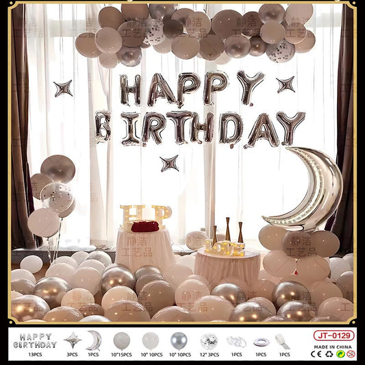 Birthday Balloon Moon Set  MN#14 SILVER-GREY-WHITE Color with Letter Happy Birthday Bunting Banner