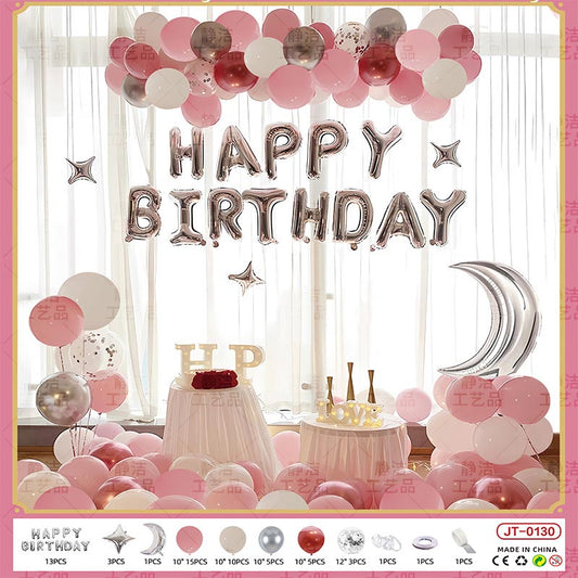 Birthday Balloon Moon Set  MN#15 PINK-RED-WHITE-SILVER Color with Letter Happy Birthday Bunting Banner