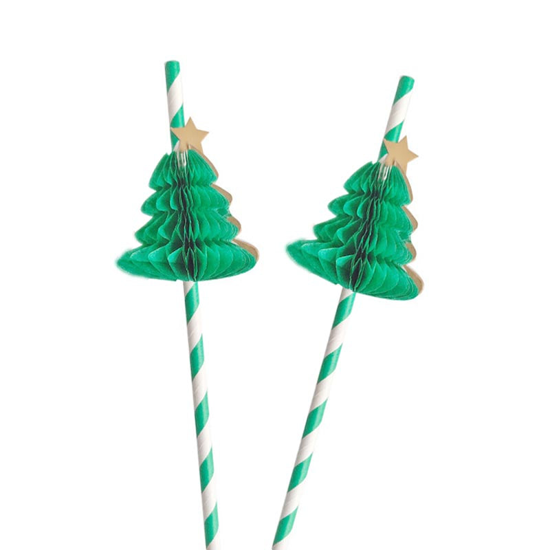 Christmas tree honeycomb ball decorative striped green paper straw for party drinks