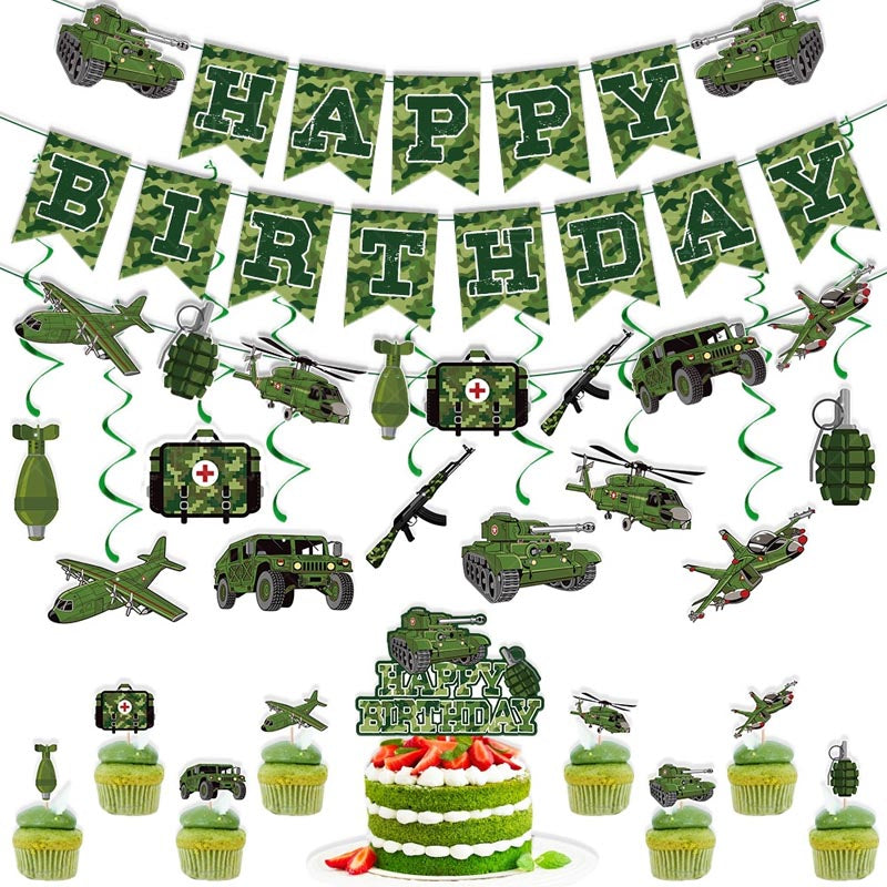 Green Cama Lovers Theme Happy Birthday Decor︱Bunting Banner, Hanging Swirl, Cake Toppers